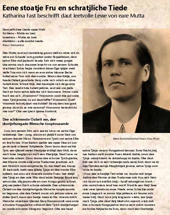 Eine Geschichte über meine liebe Mama in der Zeitschrift "Plautdietsch-Frind"